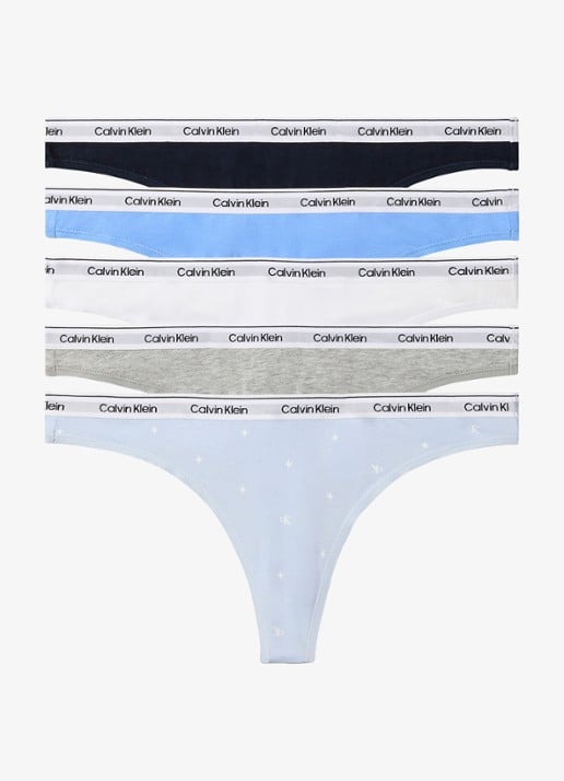 Calvin Klein Tanga met logoband in 5-pack - voorkant blauw