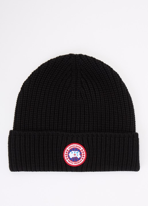 Canada Goose Ribgebreide muts van wol met logo - voorkant zwart