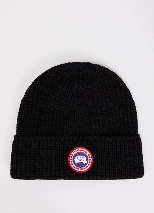 Canada Goose Ribgebreide muts van wol met logo - voorkant zwart