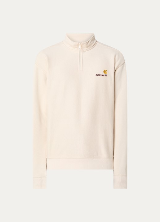 Carhartt WIP American Script sweater met halve rits en logo - voorkant creme