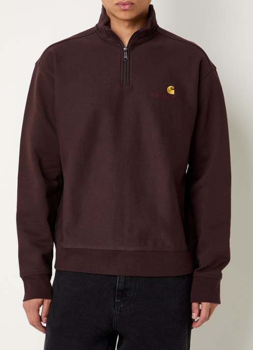Carhartt WIP American Script sweater met halve rits en logo - detail donkerbruin