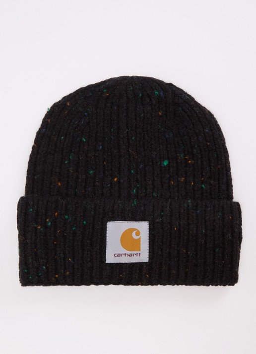 Carhartt WIP Anglistic grofgebreide muts in wolblend met gemêleerd dessin - voorkant zwart