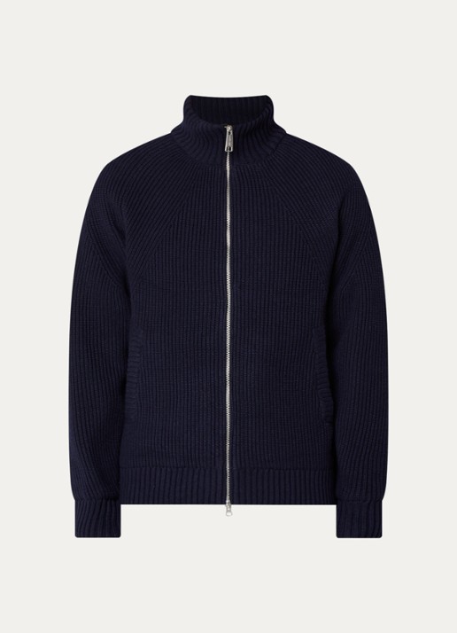 Carhartt WIP Banley ribgebreid vest in wolblend - voorkant 2 donkerblauw