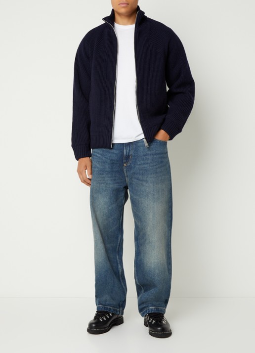 Carhartt WIP Banley ribgebreid vest in wolblend - voorkant 3 donkerblauw