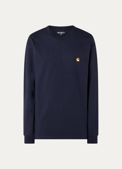 Carhartt WIP Chase longsleeve met logoborduring - voorkant 2 donkerblauw