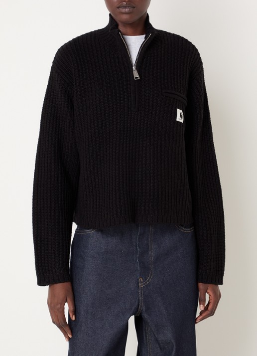 Carhartt WIP Detroit ribgebreide trui in wolblend met halve rits - detail 3 zwart