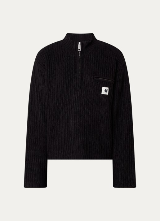 Carhartt WIP Detroit ribgebreide trui in wolblend met halve rits - voorkant zwart