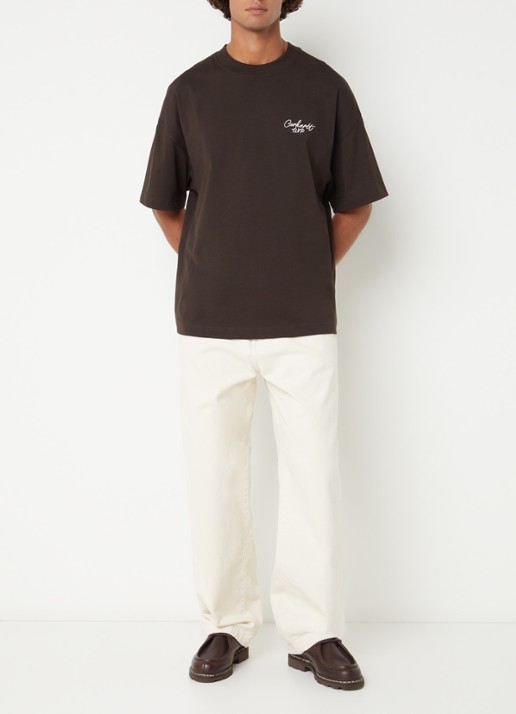 Carhartt WIP Script T-shirt met logoborduring - voorkant 2 donkerbruin