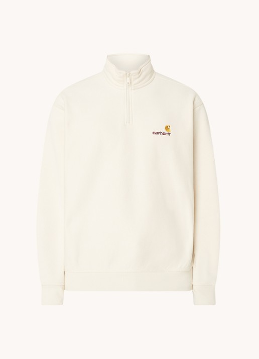 Carhartt WIP Sweater met logo en halve rits - voorkant 2 ivoor