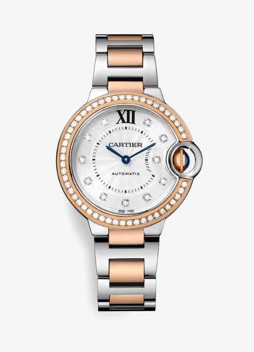 Cartier Ballon Bleu de Cartier horloge, 33 mm, van 18 karaat roségoud en staal met 0,63 ct diamant CRW3BB0023