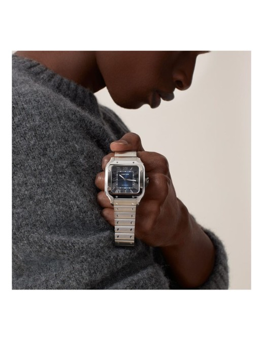 Cartier Santos de Cartier horloge, large model, Blauwe wijzerplaat, automatisch uurwerk, staal, verwisselbare staal en lederen horlogebanden CRWSSA0030 - detail zilver
