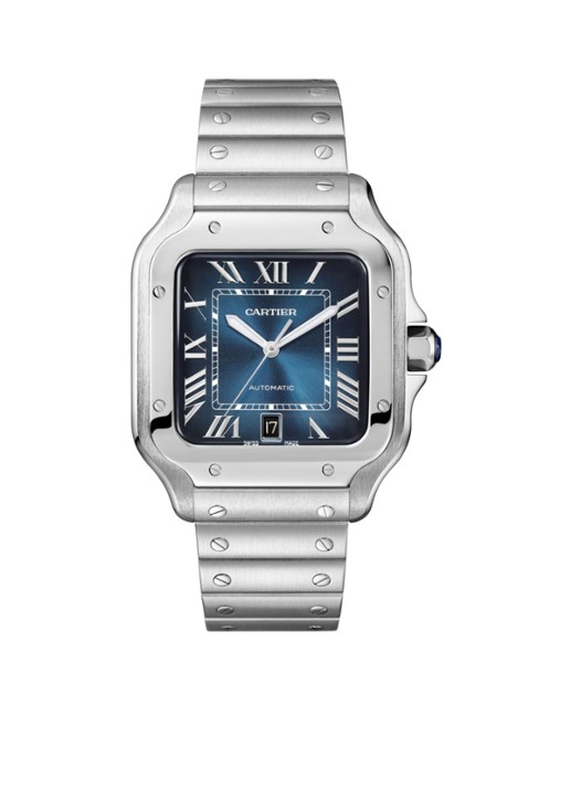 Cartier Santos de Cartier horloge, large model, Blauwe wijzerplaat, automatisch uurwerk, staal, verwisselbare staal en lederen horlogebanden CRWSSA0030 - voorkant 3 zilver
