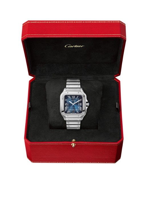 Cartier Santos de Cartier horloge, large model, Blauwe wijzerplaat, automatisch uurwerk, staal, verwisselbare staal en lederen horlogebanden CRWSSA0030 - voorkant 4 zilver