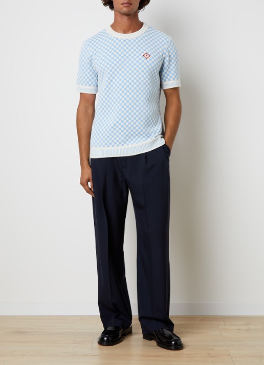 Casablanca Check T-shirt met ruitdessin - voorkant 2 lichtblauw