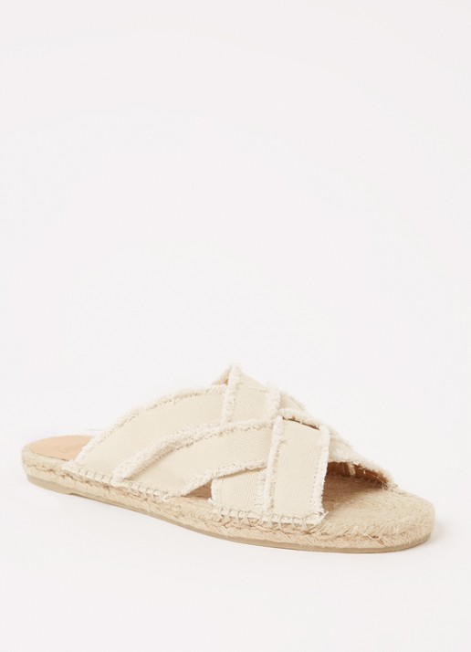 Castañer Pilita slipper met gerafelde details - voorkant zand