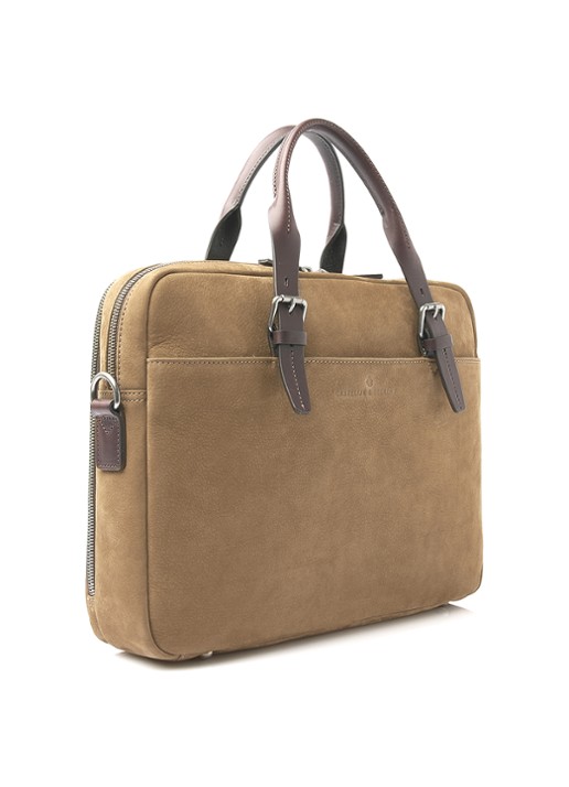 Castelijn & Beerens Laptoptas van nubuck met 15 inch laptopvak - voorkant 3 camel