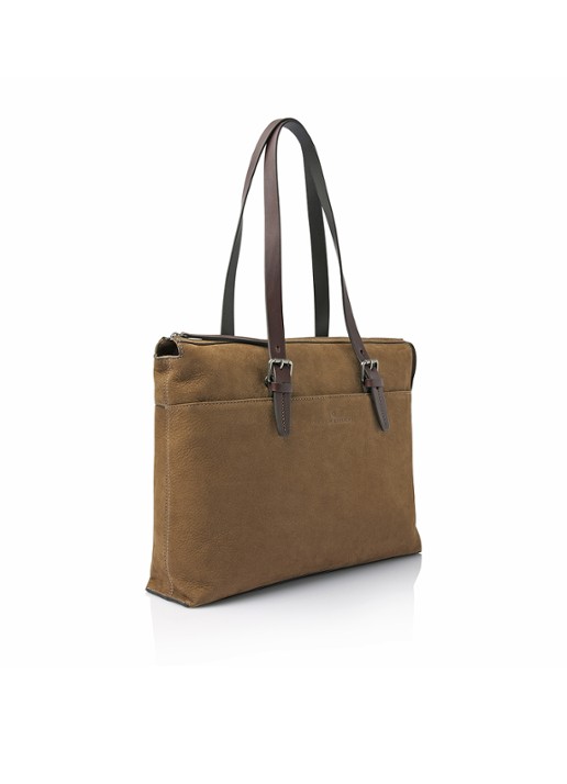 Castelijn & Beerens Nubuck schoudertas met 15,6 inch laptopvak - voorkant 8 zand