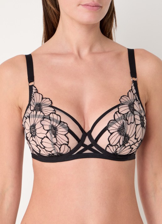 Chantelle Beugel bh van mesh met bloemborduring - detail zwart