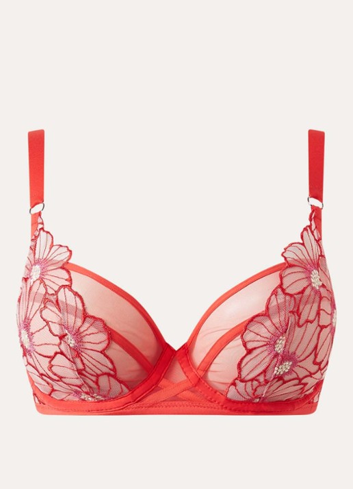 Chantelle Beugel bh van mesh met bloemborduring - voorkant koraalrood