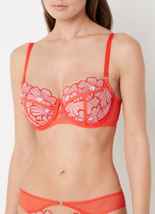 Chantelle Beugel bh van mesh met bloemborduring - voorkant 2 koraalrood