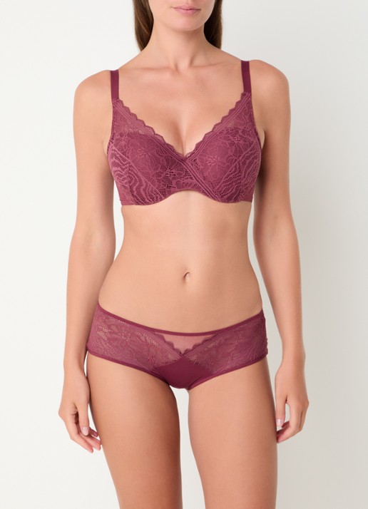 Chantelle Floral Touch voorgevormde bh met overlay van kant - voorkant 5 bordeauxrood