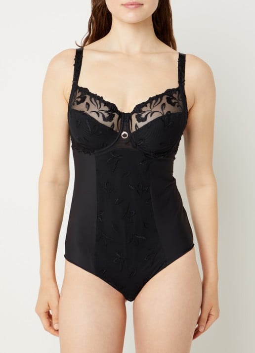 Chantelle Li body van mesh met borduring - voorkant 4 zwart