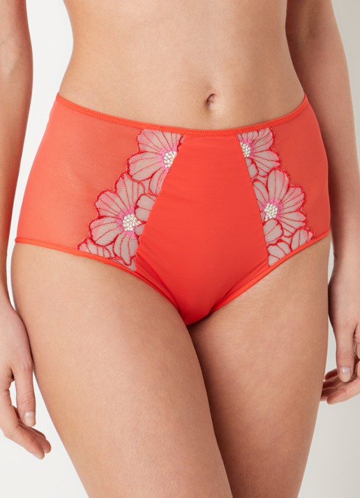 Chantelle Lush high waist slip van mesh met bloemborduring - voorkant 5 koraalrood