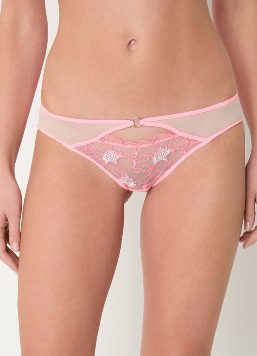 Chantelle Slip met mesh en borduring - detail neonroze