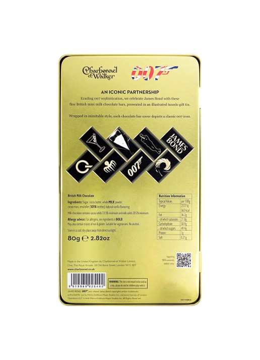 Charbonnel et Walker James Bond 007 chocolade in blik 80 gram 8 stuks - achterkant 3 beige