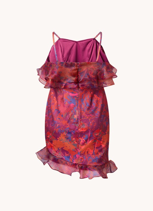 Chi Chi London Bardot mini jurk met ruches en bloemenprint - achterkant donkerroze