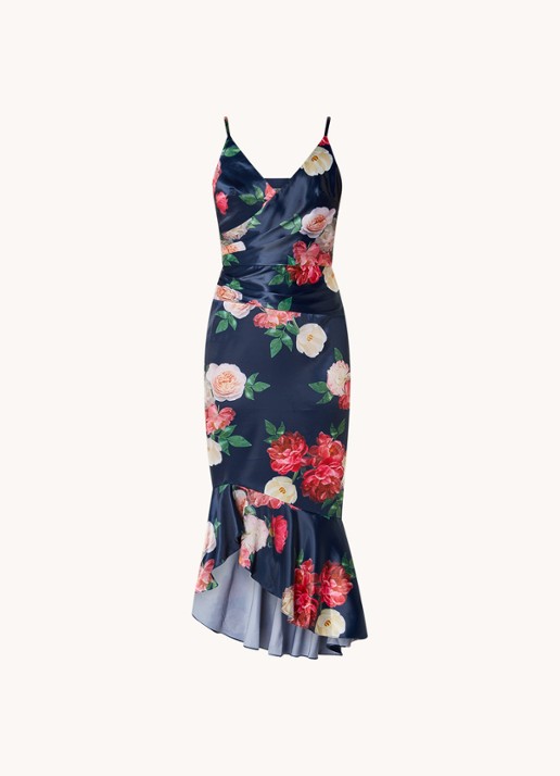 Chi Chi London Midi jurk van satijn met bloemeprint en plooidetail - voorkant 3 donkerblauw