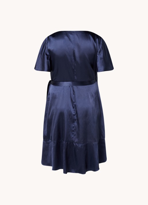 Chi Chi London Mini wikkeljurk van satijn met strikceintuur en volant - achterkant 3 donkerblauw