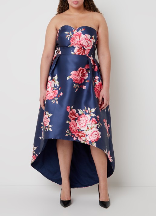 Chi Chi London Strapless midi jurk met bloemenprint - voorkant 2 donkerblauw