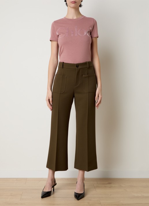 Chloé High waist flared fit cropped pantalon van wol - voorkant 4 donkerbruin