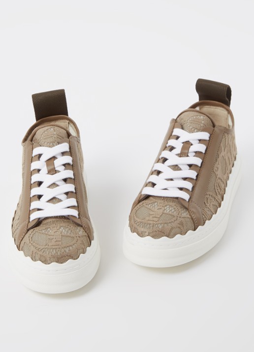 Chloé Lauren sneaker van kant met kalfsleren details - detail zand