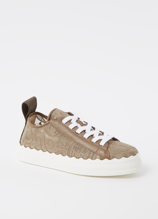 Chloé Lauren sneaker van kant met kalfsleren details - voorkant 6 zand
