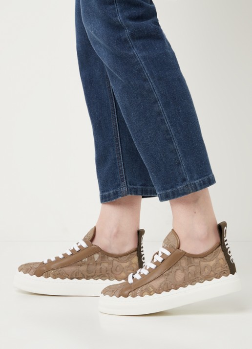 Chloé Lauren sneaker van kant met kalfsleren details - voorkant 7 zand