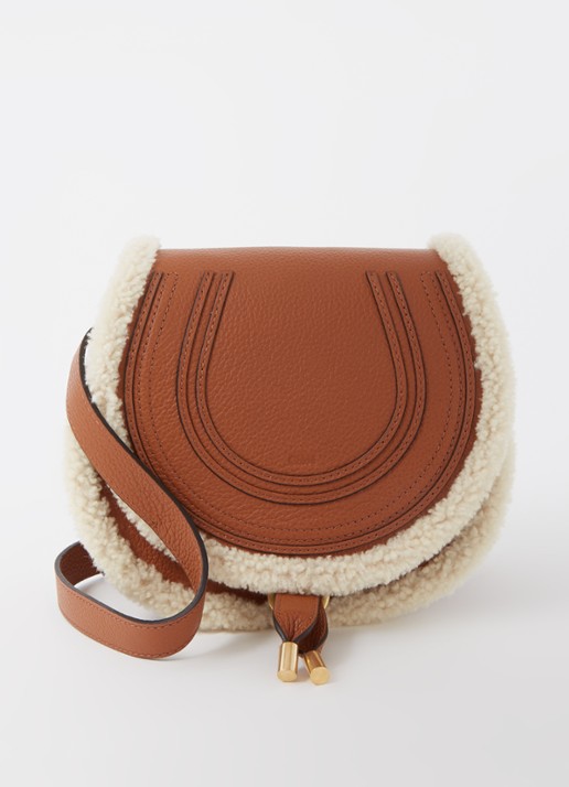 Chloé Marcie Mini crossbodytas van kalfsleer met schapenvacht - voorkant cognac