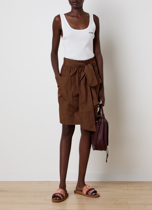 Chloé Midi rok met strikceintuur en opgestikte zakken - voorkant 5 cognac