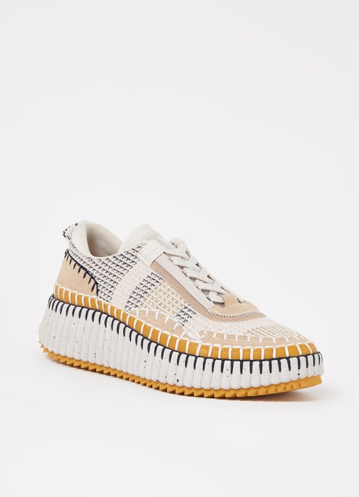 Chloé Nama sneaker met gebreid bovenwerk en suède details - voorkant beige