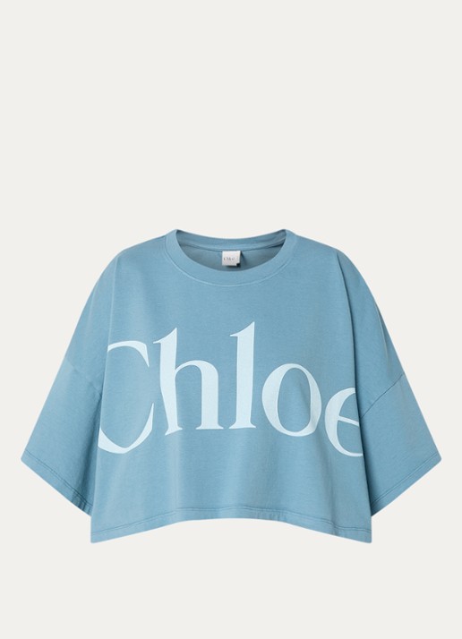 Chloé Oversized cropped T-shirt met logoprint - voorkant staalblauw
