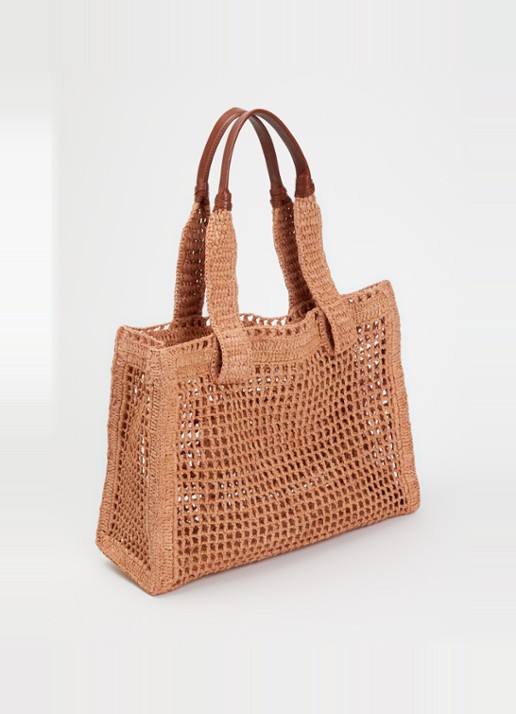 Chloé Summer Banana shopper van raffia met leren details - achterkant camel
