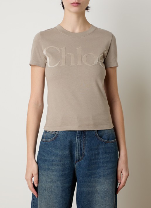 Chloé T-shirt met flock logoprint - detail 3 zand
