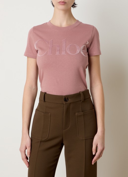 Chloé T-shirt met flock logoprint - detail koraalroze