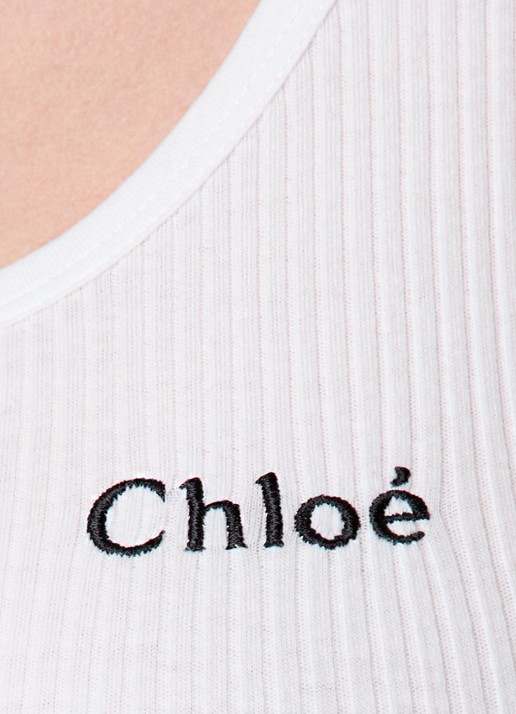 Chloé Tanktop met ribstructuur en logoborduring - detail 4 wit