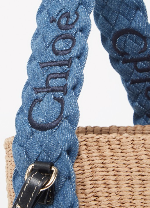 Chloé Woody bucket handtas van raffia met denim details  - detail 4 camel