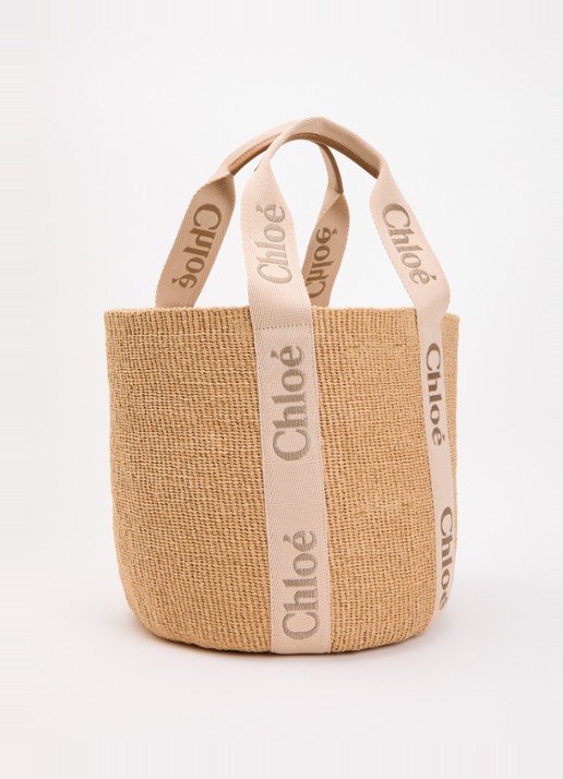 Chloé Woody Large shopper van raffia met kalfsleren details - achterkant 5 beige