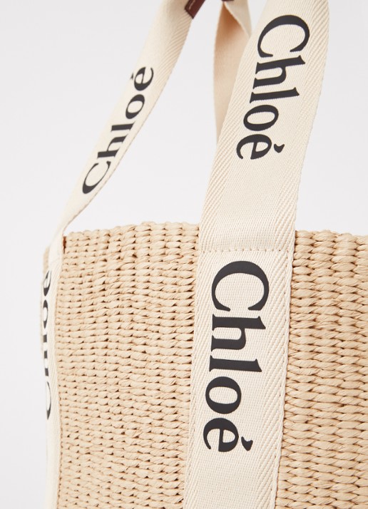 Chloé Woody Large shopper van raffia met kalfsleren details  - detail 5 zand