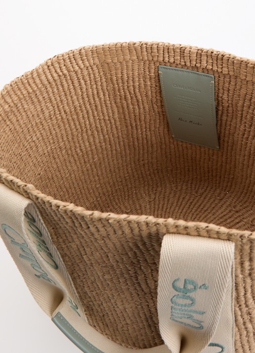Chloé Woody Large shopper van raffia met kalfsleren details  - detail 3 groen