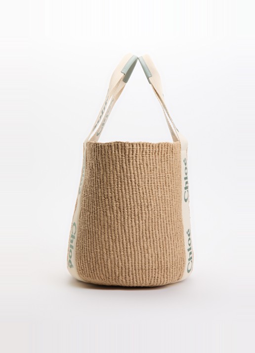 Chloé Woody Large shopper van raffia met kalfsleren details  - detail 4 groen